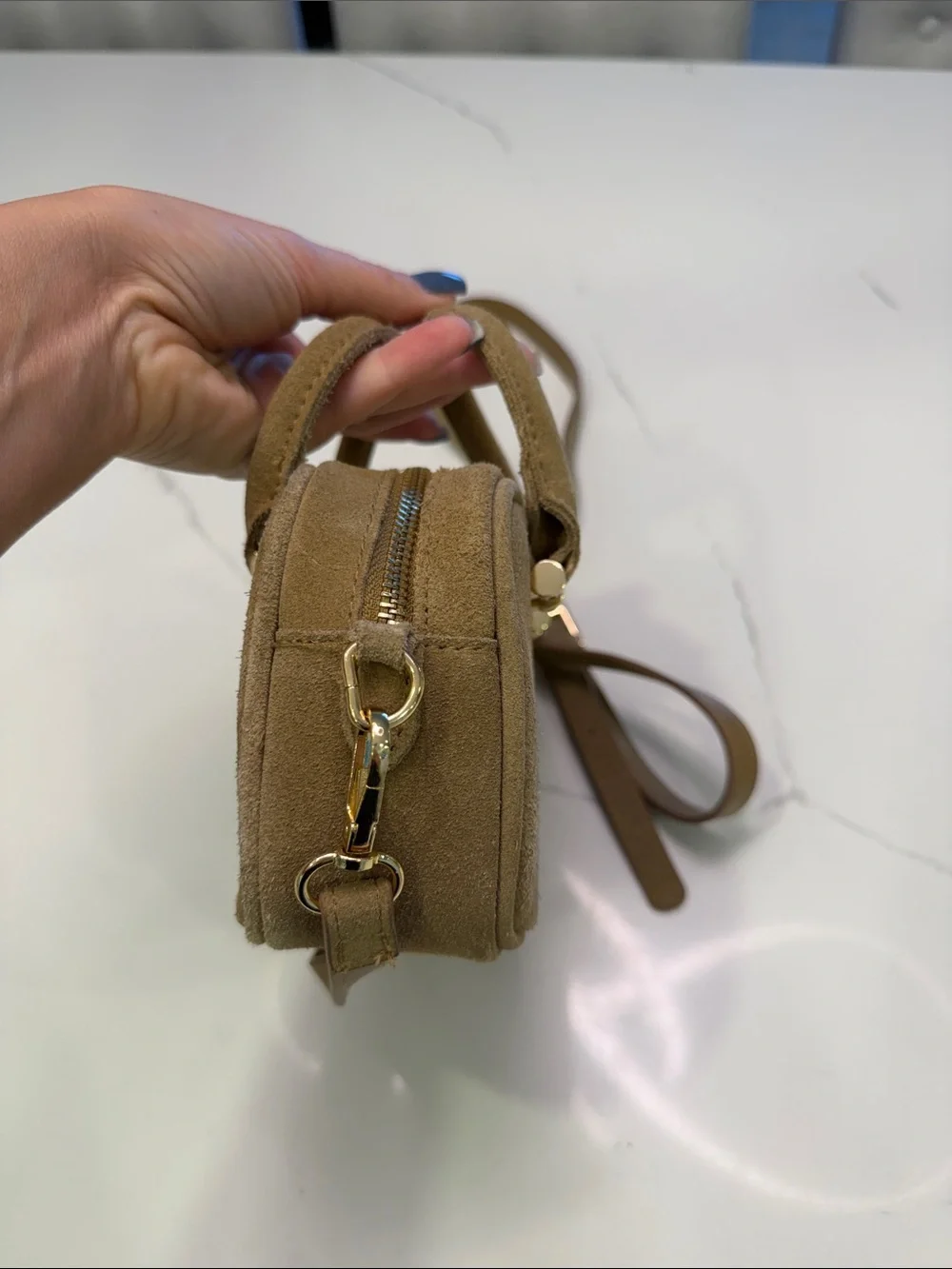 Suede Crossbody Mini Satchel in Light Brown